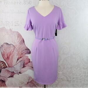 New York & Company lavender Belted Ruffle Sleeve Sheath Dress Size Medium NWT